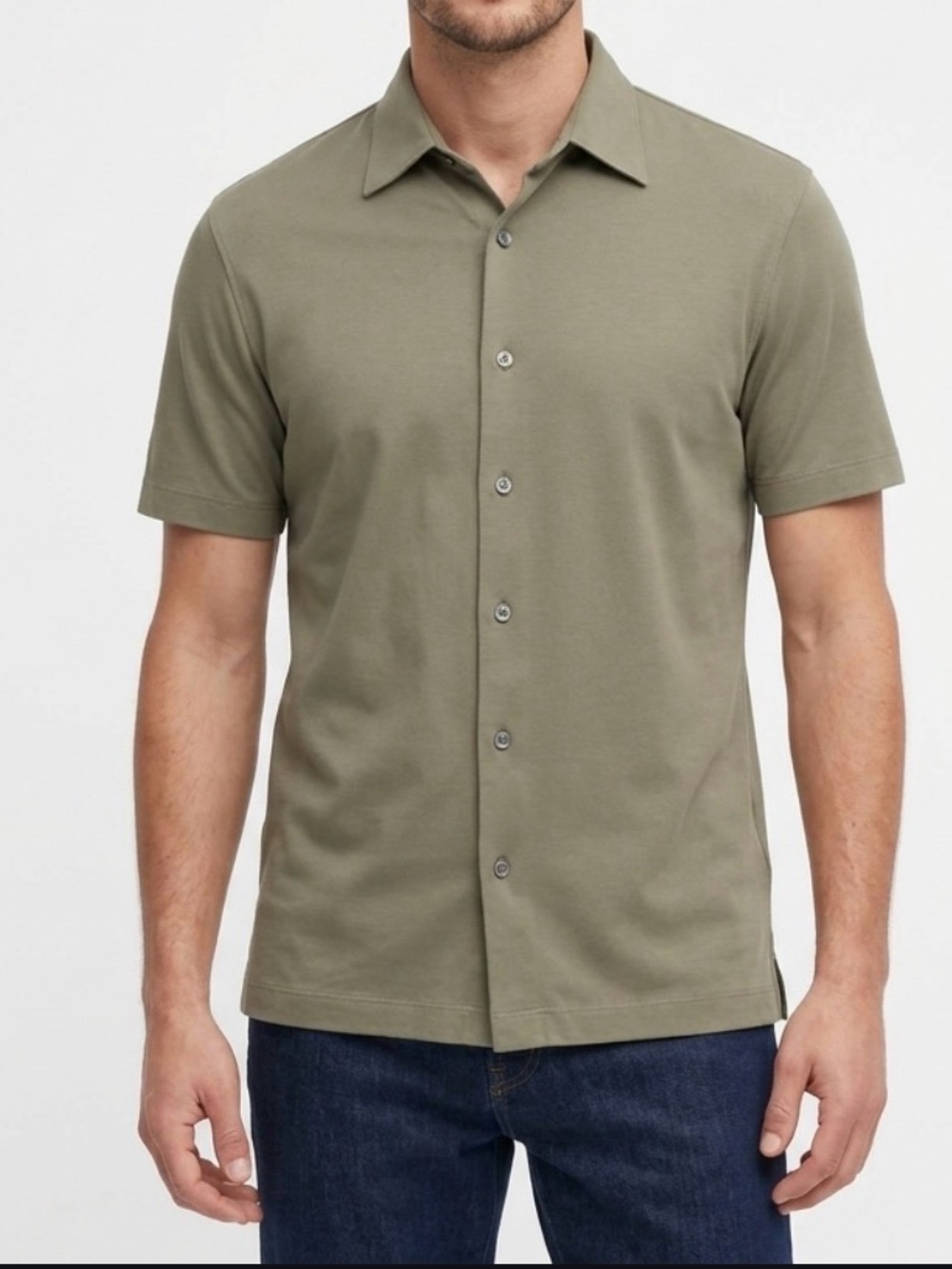 Uniqlo AIRism Short Sleeve Button Shirt Mens Medium Olive Green Gray Casual Polo